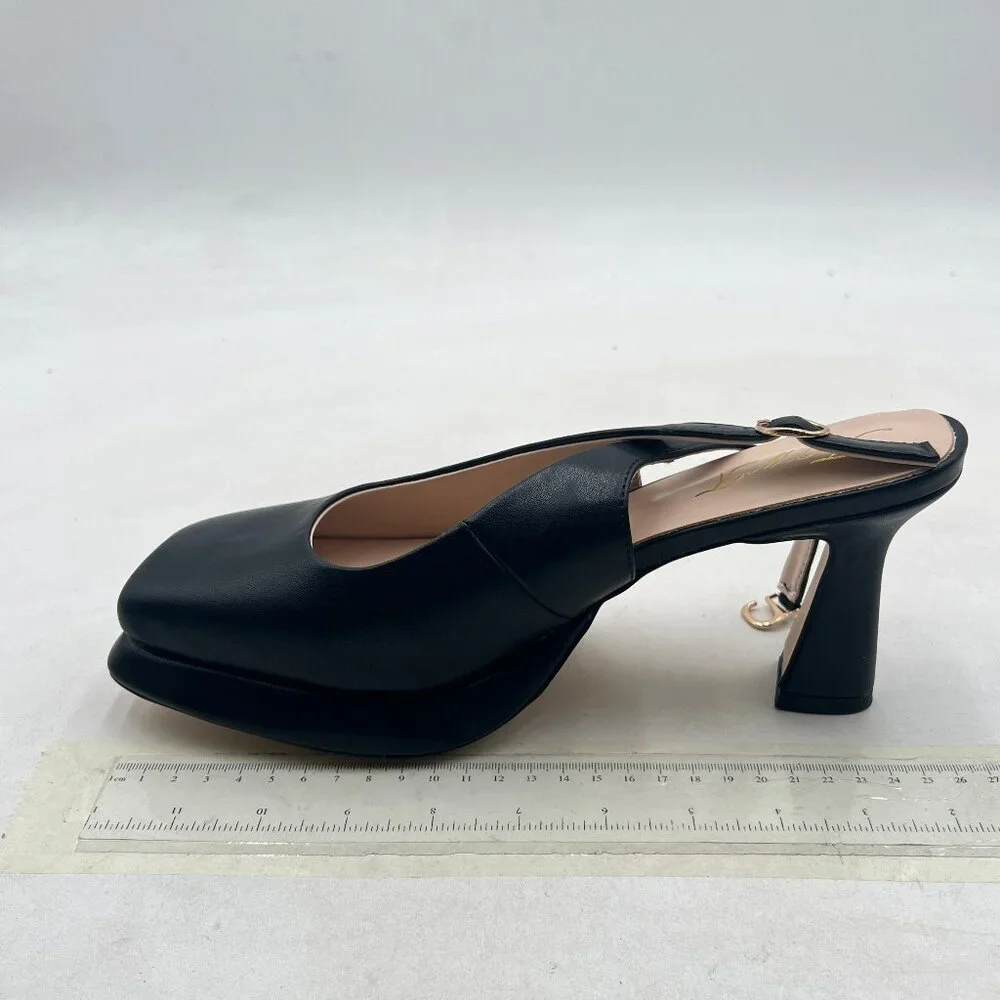 FOWT Black Platform Square Toe Pumps Block High Heels Slingbacks Work Shoes - Picture 2 of 8